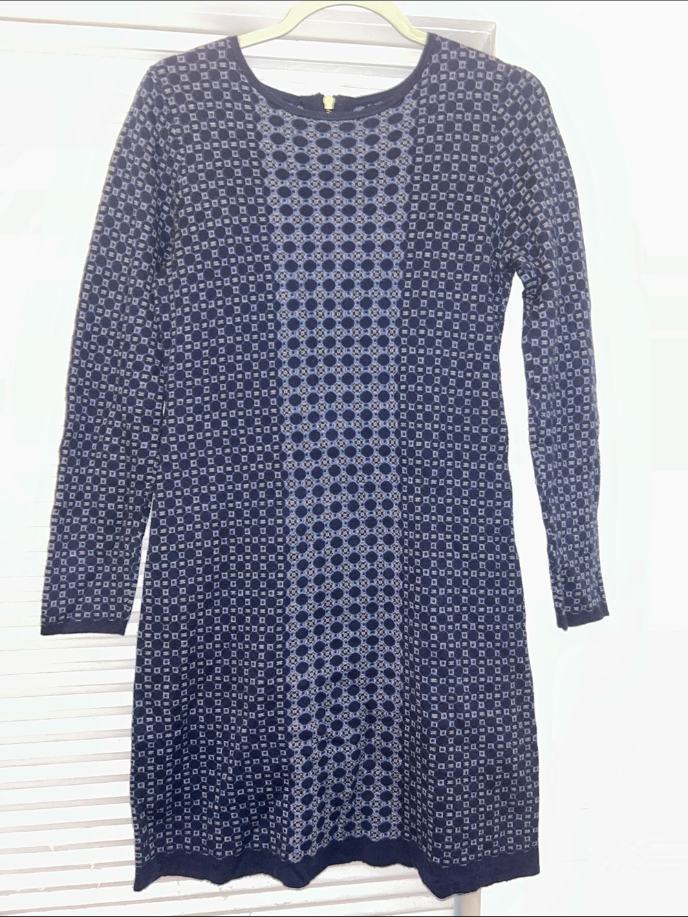 Cynthia Rowley Navy Gray Geometric Jacquard Knit Sweater Dress Exposed Zip M